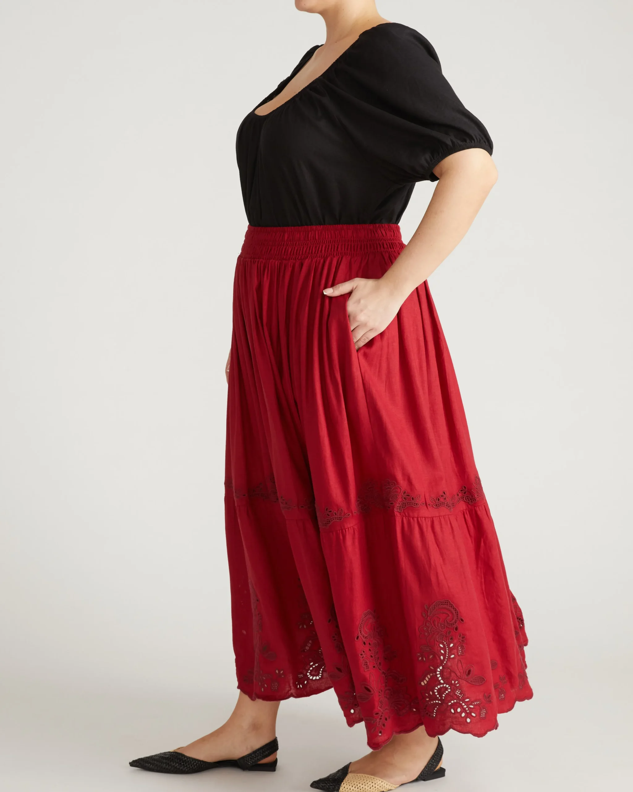 Tosca Embroidered Linen Blend Maxi Skirt Vibrant Red
