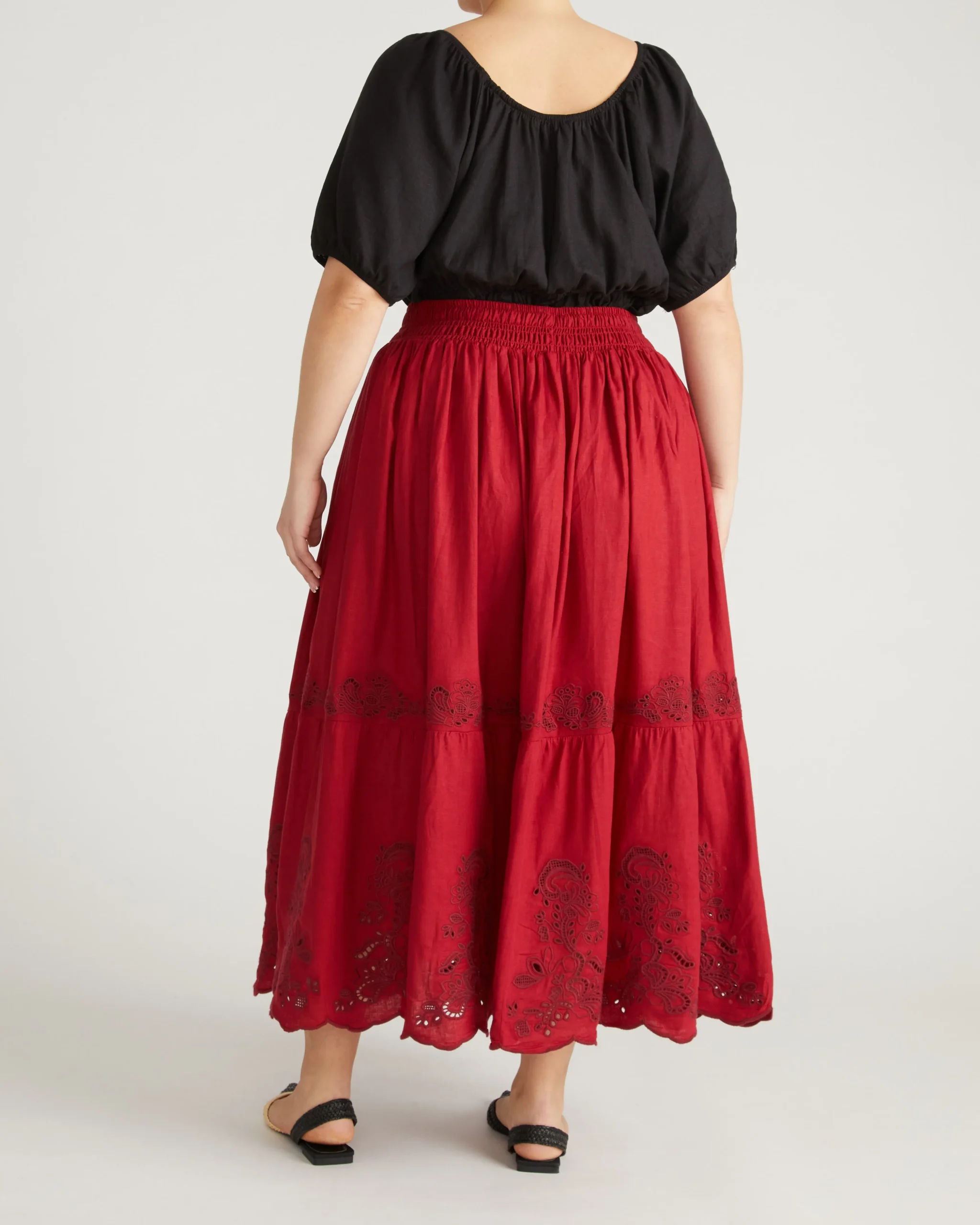 Tosca Embroidered Linen Blend Maxi Skirt Vibrant Red