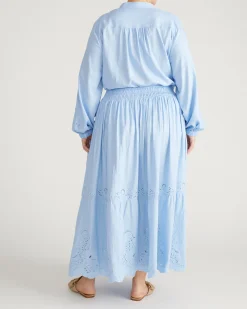 Tosca Embroidered Linen Blend Maxi Skirt Cielo Blue