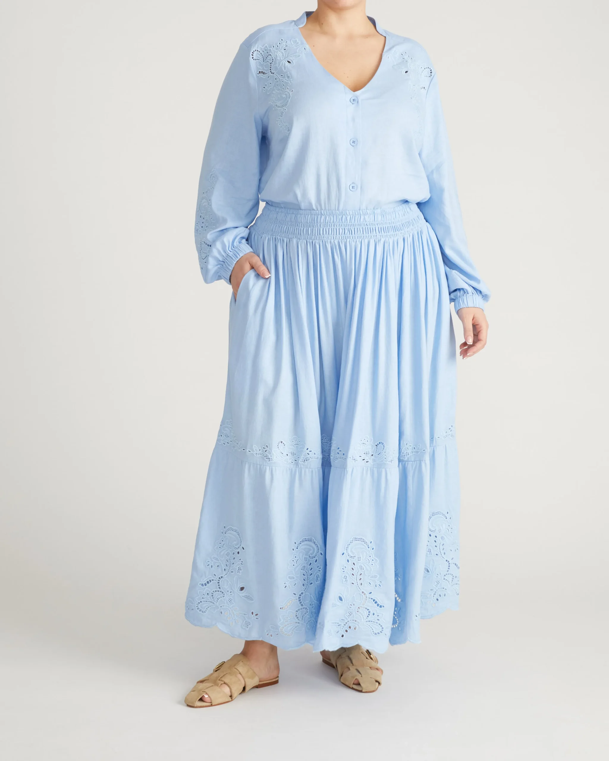 Tosca Embroidered Linen Blend Maxi Skirt Cielo Blue