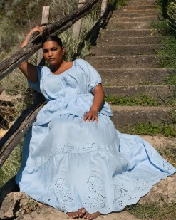 Tosca Embroidered Linen Blend Maxi Skirt Cielo Blue