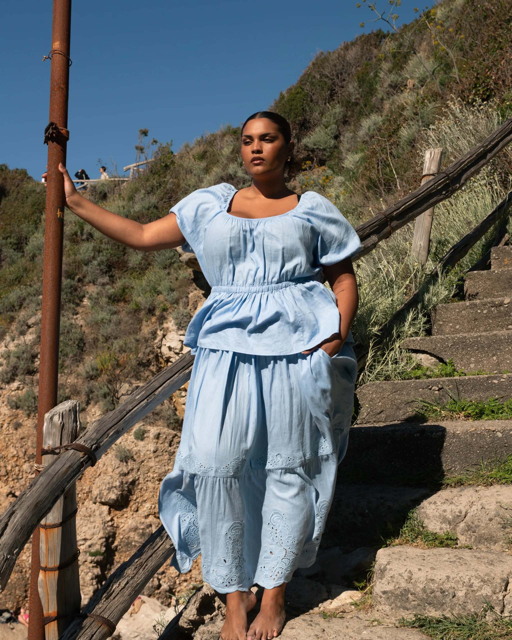 Tosca Embroidered Linen Blend Maxi Skirt Cielo Blue