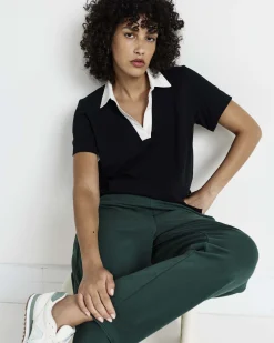 Varsity French Terry Polo Top Black/White