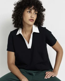 Varsity French Terry Polo Top Black/White