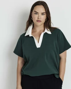 Varsity French Terry Polo Top Forest Green/White