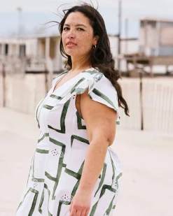 Victoria Linen Blend Dress Green Paint Print