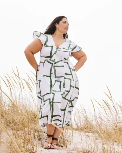 Victoria Linen Blend Dress Green Paint Print