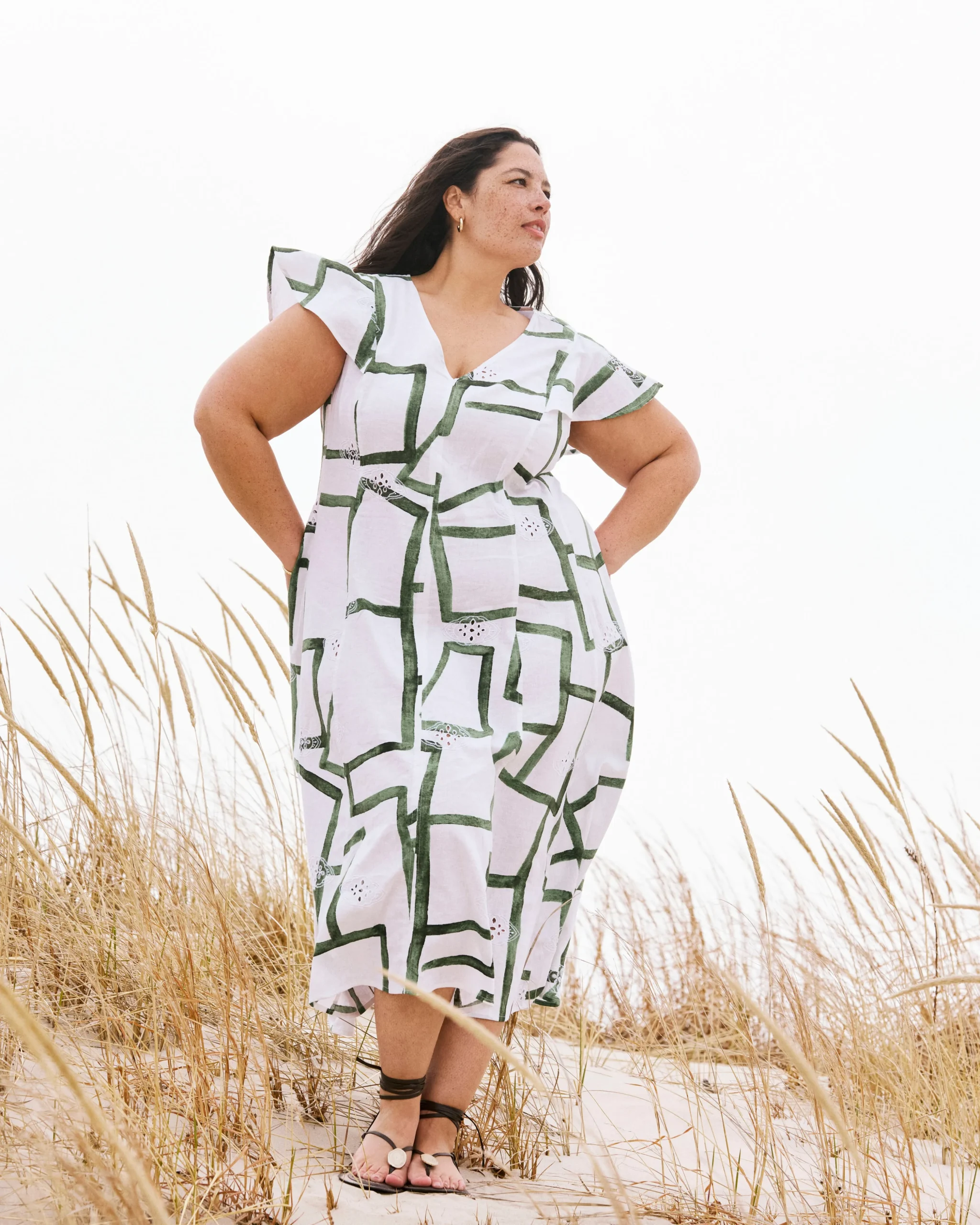 Victoria Linen Blend Dress Green Paint Print
