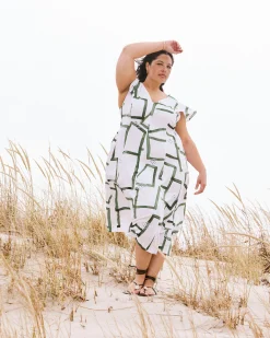 Victoria Linen Blend Dress Green Paint Print