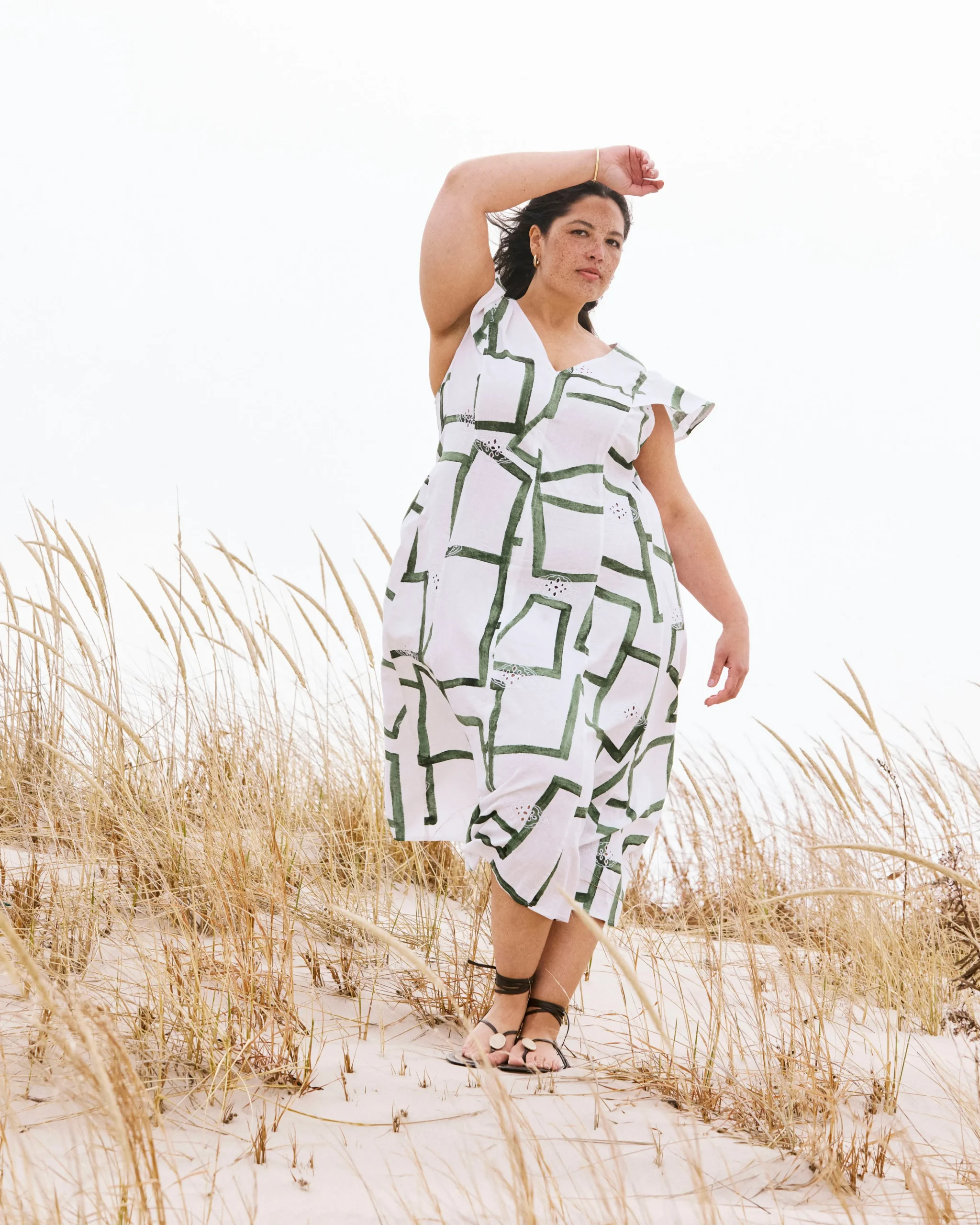 Victoria Linen Blend Dress Green Paint Print