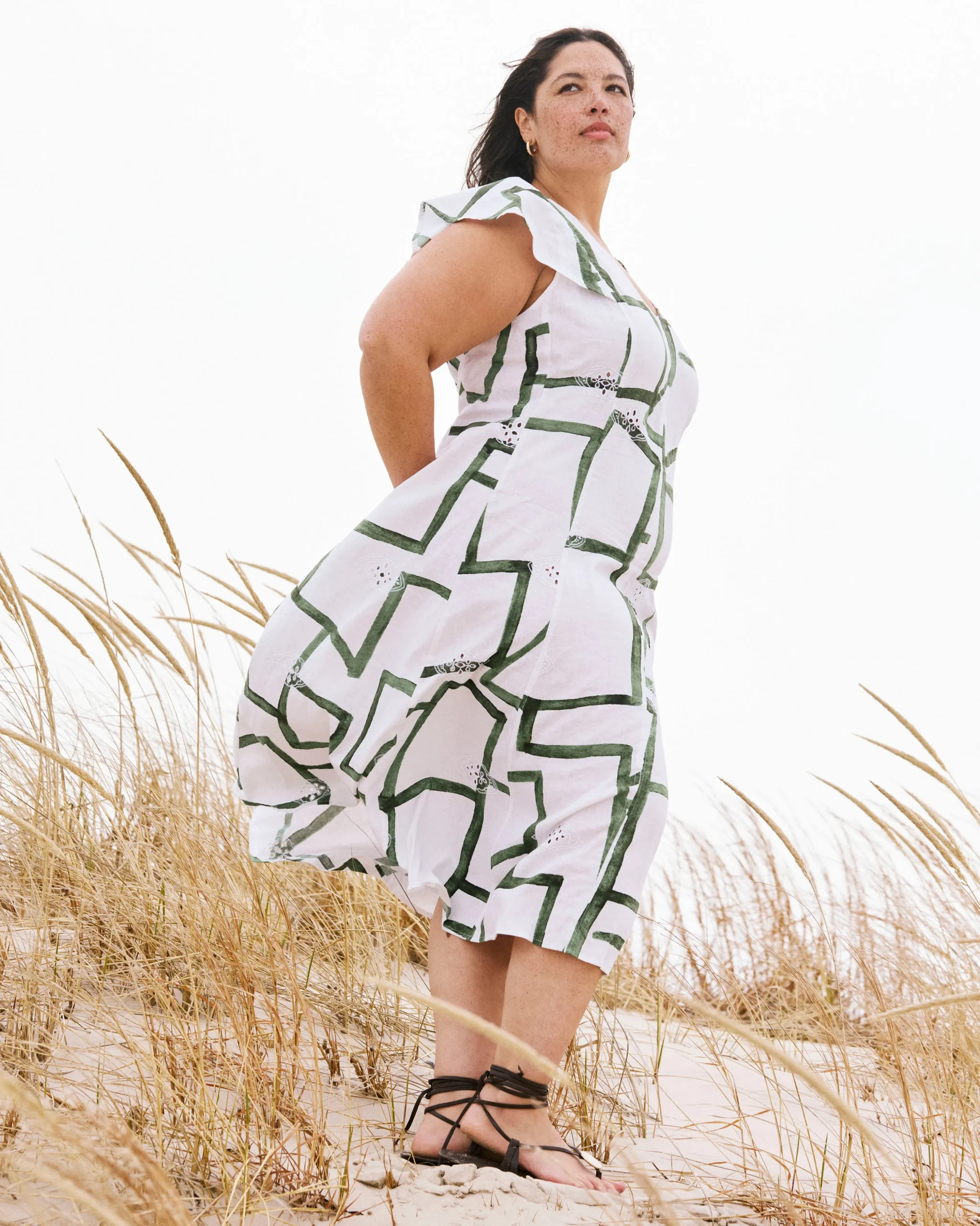 Victoria Linen Blend Dress Green Paint Print