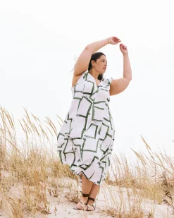 Victoria Linen Blend Dress Green Paint Print