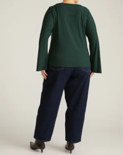 Yasmin Flare Sleeve Ribbed Top Forest Green