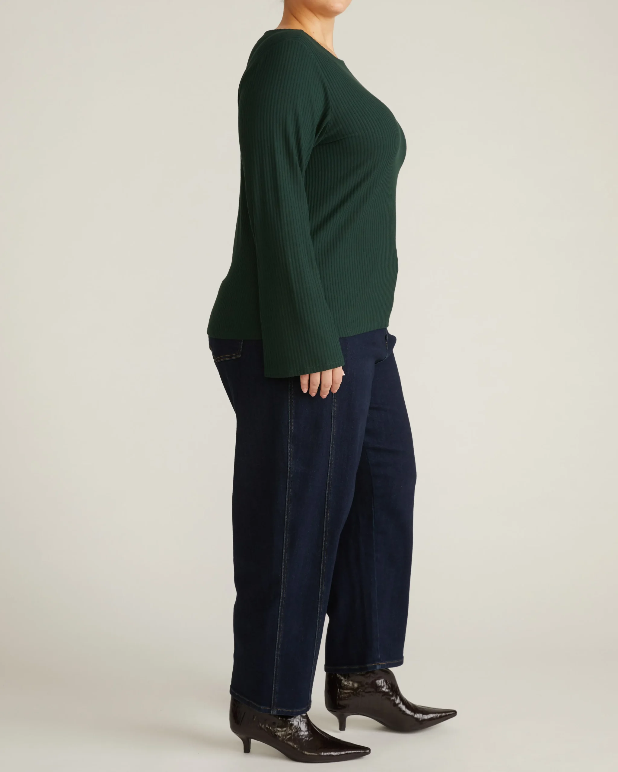 Yasmin Flare Sleeve Ribbed Top Forest Green