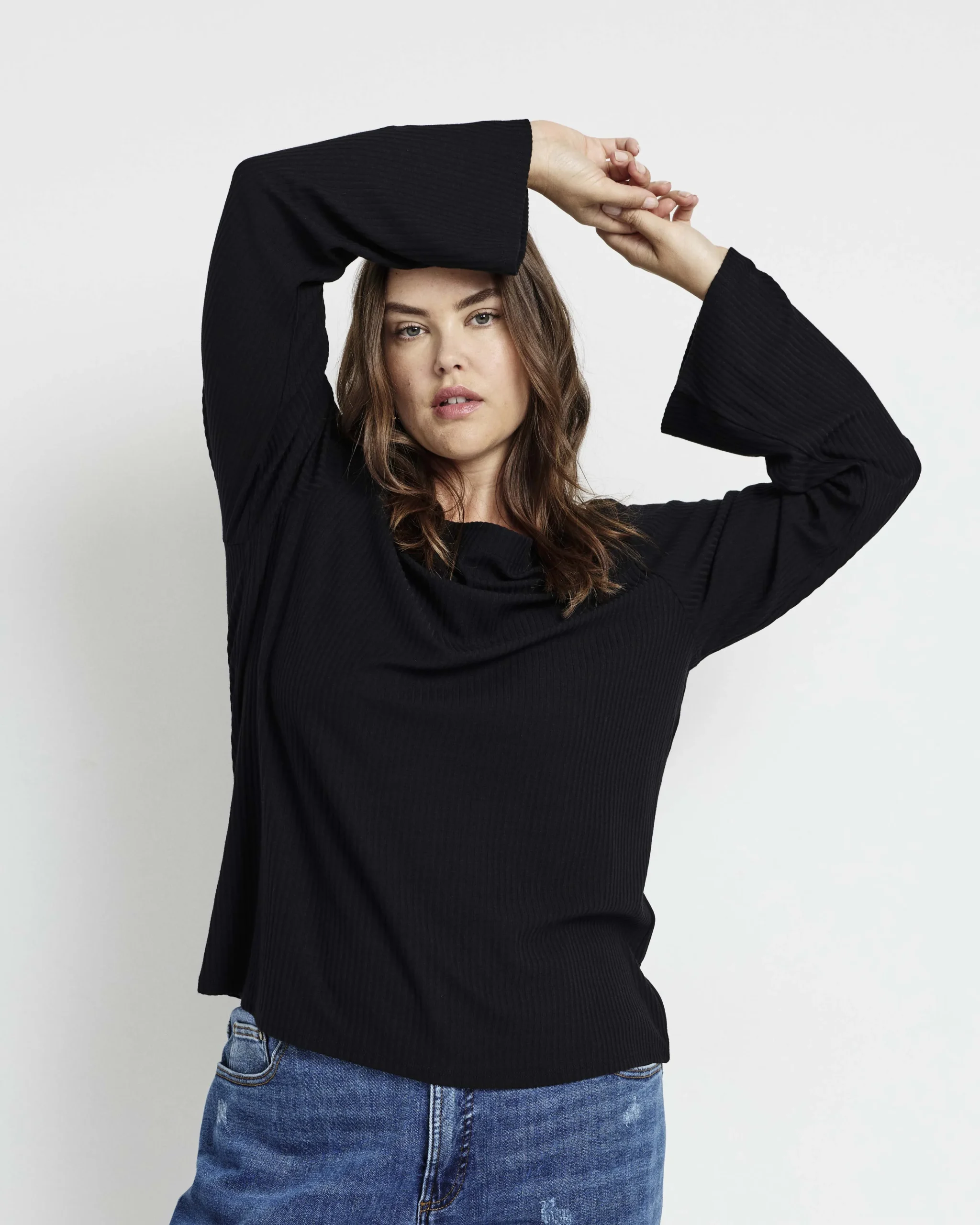 Yasmin Flare Sleeve Ribbed Top Black