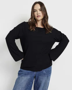 Yasmin Flare Sleeve Ribbed Top Black